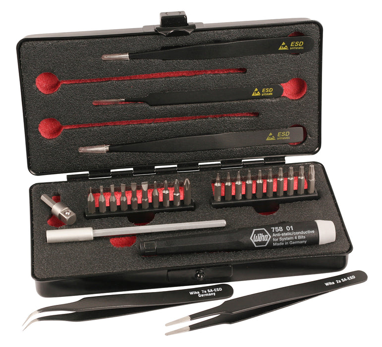 Wiha 75993 28 Piece System 4 ESD Safe MicroBits and Tweezer Set