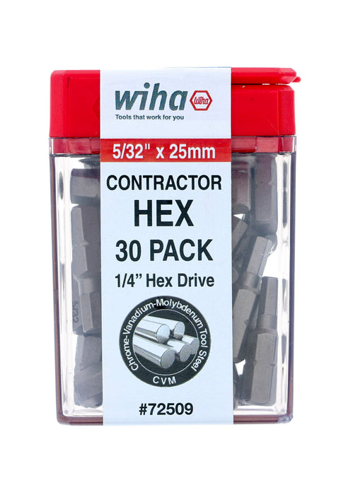 Wiha 72509 Hex Contractor Insert Bit 5/32" x 25mm - 30 Piece