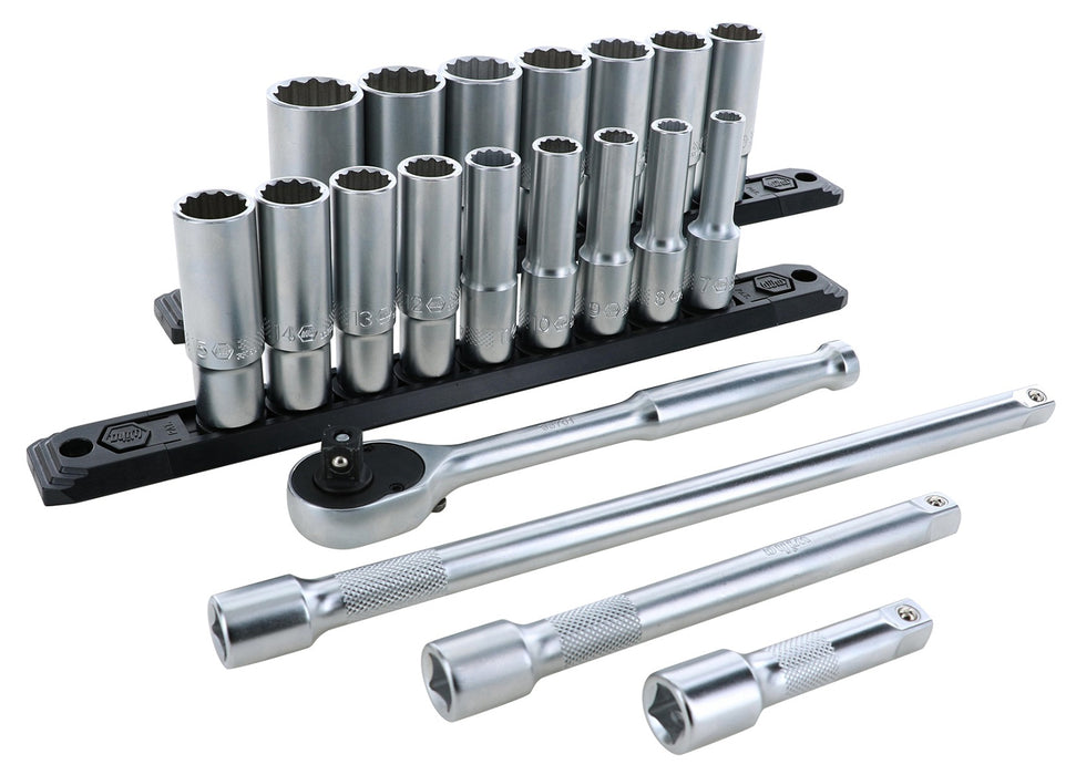 Wiha 33793 20 Piece Professional Series Deep Socket Set - 12 Point - 3/8" Drive - Metric