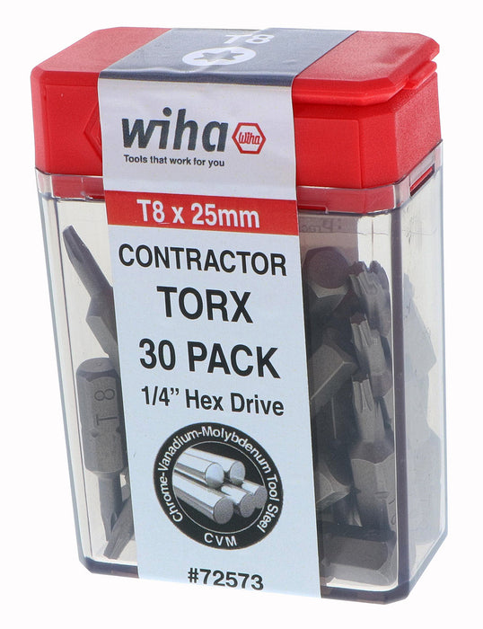 Wiha 72573 Torx Contractor Insert Bit T8 x 25mm - 30 Pack