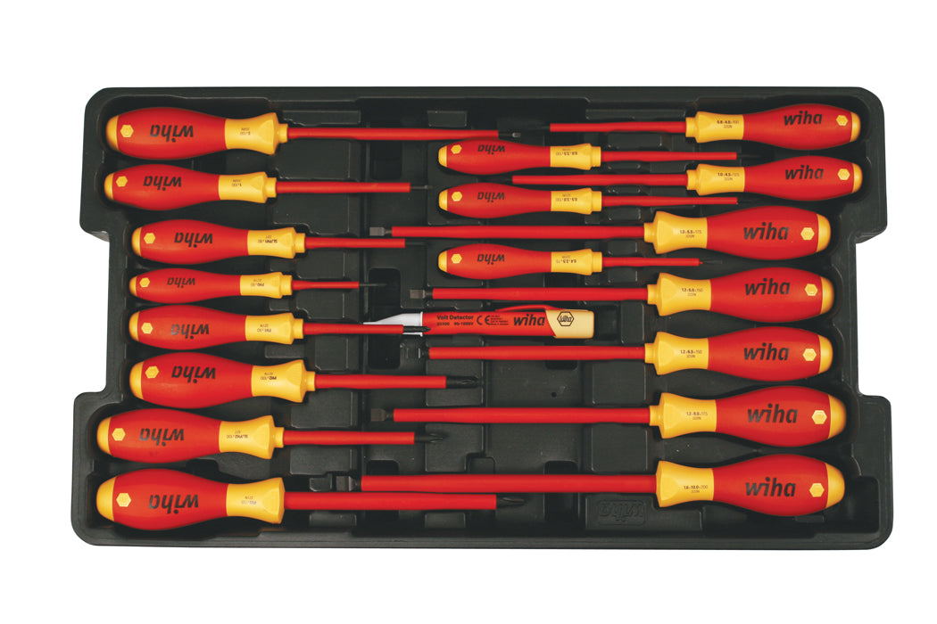 Wiha 32095 19 Piece Insulated SoftFinish Screwdriver and Cat III Voltage Detector Set with Toolbox Tray