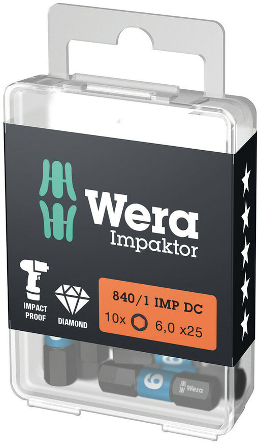 Wera 05057606001, 6.0mm Hex Key Screwdriver Bit 840/1 IMP DC, 1/4" Hex Insert Drive, Length 1" (25mm), Diamond Coated, Impact Rated