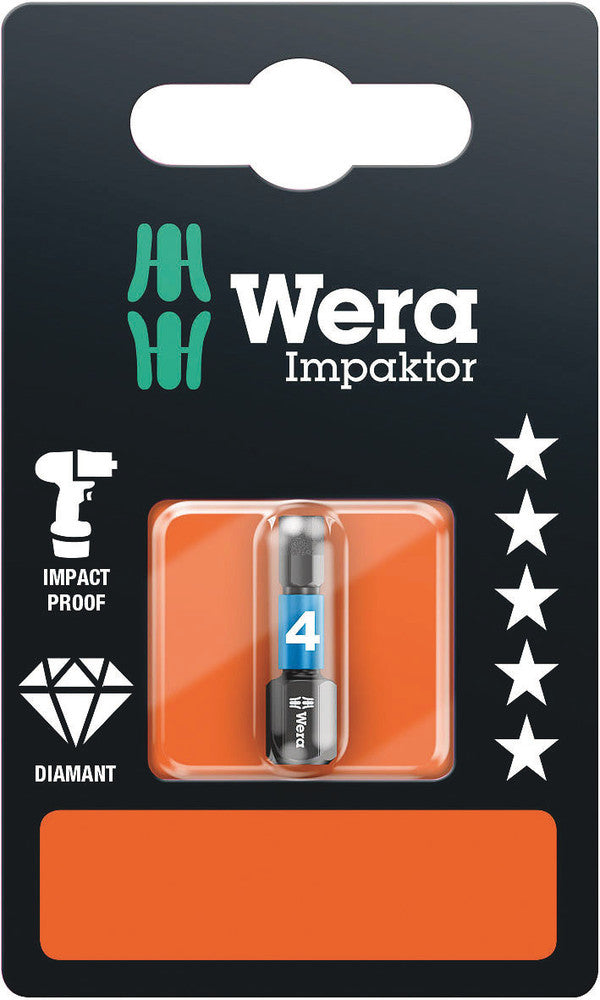 Wera 05073904001, 4.0mm Hex Key Screwdriver Bit 840/1 IMP DC SB, 1/4" Hex Insert Drive, Length 1" (25mm), Diamond Coated, Impact Rated