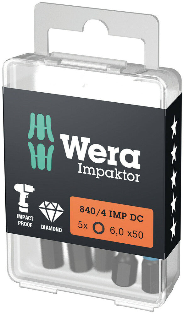 Wera 05057645001, 5.0mm Hex Key Screwdriver Bit 840/4 IMP DC, 1/4" Hex Power Drive, Length 2" (50mm), Diamond Coated, Impact Rated