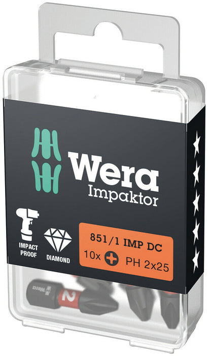 Wera 05057615001, PH1 - Phillips Screwdriver Bit 851/1 IMP DC, 1/4" Hex Insert Drive, Length 1" (25mm), Diamond Coated, Impact Rated