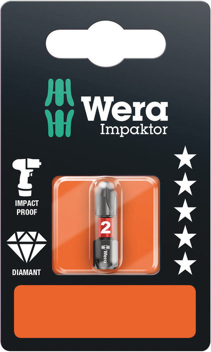 Wera 05073916001, PH2 - Phillips Screwdriver Bit 851/1 IMP DC SB, 1/4" Hex Insert Drive, Length 1" (25mm), Diamond Coated, Impact Rated