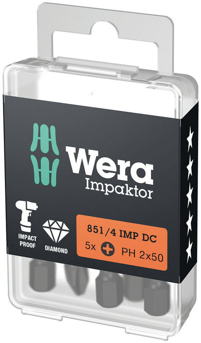 Wera 05057657001, PH3 - Phillips Screwdriver Bit 851/4 IMP DC, 1/4" Hex Power Drive, Length 2" (50mm), Diamond Coated, Impact Rated