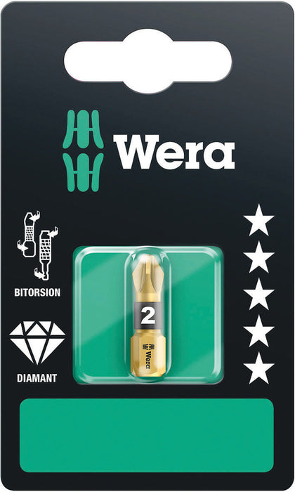 Wera 05073338001, PZ3 - Pozidriv Screwdriver Bit 855/1 BDC SB, 1/4" Hex Insert Drive, Length 1" (25mm), Diamond Coated, BiTorsion