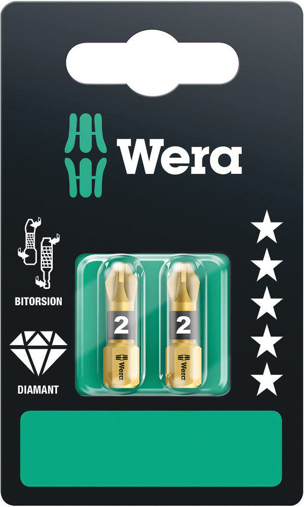Wera 05073339001, PZ2 - Pozidriv Screwdriver Bit 855/1 BDC SB, 1/4" Hex Insert Drive, Length 1" (25mm), Diamond Coated, BiTorsion
