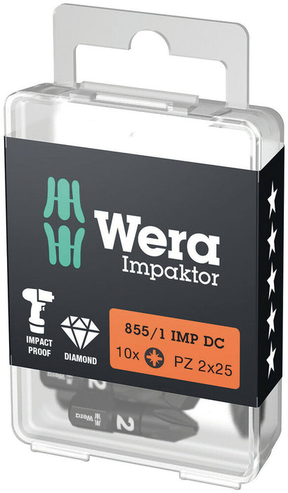 Wera 05057620001, PZ1 - Pozidriv Screwdriver Bit 855/1 IMP DC, 1/4" Hex Insert Drive, Length 1" (25mm), Diamond Coated, Impact Rated