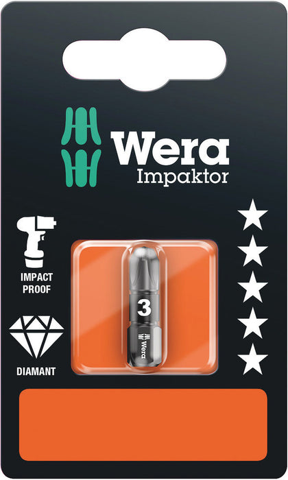 Wera 05073922001, PZ3 - Pozidriv Screwdriver Bit 855/1 IMP DC SB, 1/4" Hex Insert Drive, Length 1" (25mm), Diamond Coated, Impact Rated