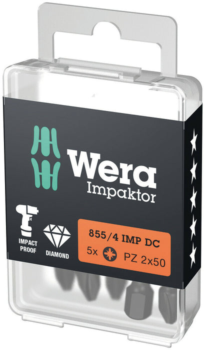 Wera 05057661001, PZ2 - Pozidriv Screwdriver Bit 855/4 IMP DC, 1/4" Hex Power Drive, Length 2" (50mm), Diamond Coated, Impact Rated