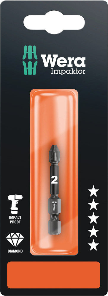 Wera 05073961001, PZ2 - Pozidriv Screwdriver Bit 855/4 IMP DC SB, 1/4" Hex Power Drive, Length 2" (50mm), Diamond Coated, Impact Rated