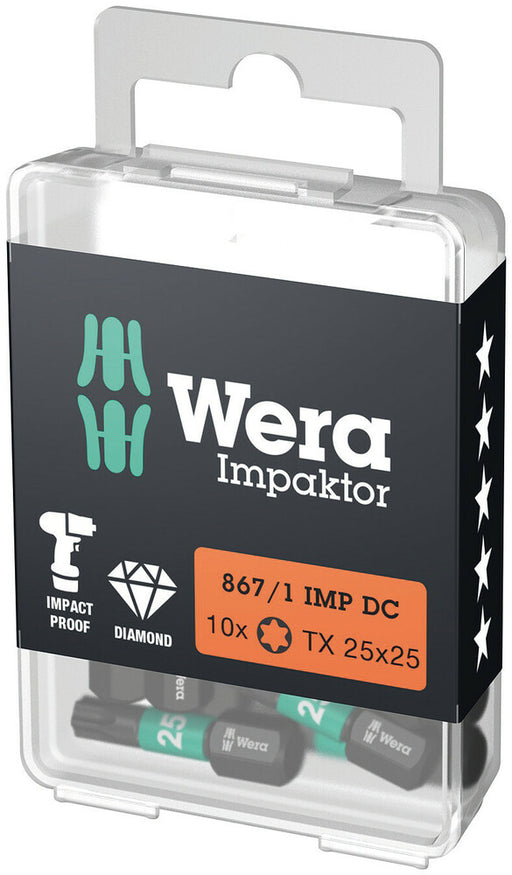 Wera 05057625001, TX 25 - Torx Key Screwdriver Bit 867/1 IMP DC, 1/4" Hex Insert Drive, Length 1" (25mm), Diamond Coated, Impact Rated