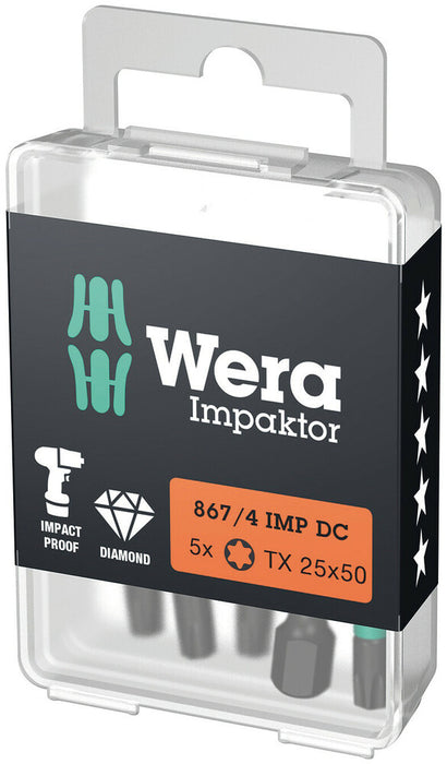 Wera 05057664001, TX 20 - Torx Key Screwdriver Bit 867/4 IMP DC, 1/4" Hex Power Drive, Length 2" (50mm), Diamond Coated, Impact Rated