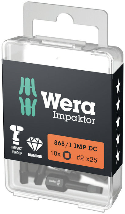 Wera 05057632001, SQ3 - Square Key Screwdriver Bit 868/1 IMP DC, 1/4" Hex Power Drive, Length 1" (25mm), Diamond Coated, Impact Rated