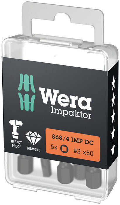 Wera 05057671001, SQ2 - Square Key Screwdriver Bit 868/4 IMP DC, 1/4" Hex Power Drive, Length 2" (50mm), Diamond Coated, Impact Rated