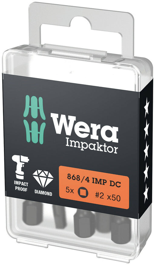 Wera 05057671001, SQ2 - Square Key Screwdriver Bit 868/4 IMP DC, 1/4" Hex Power Drive, Length 2" (50mm), Diamond Coated, Impact Rated