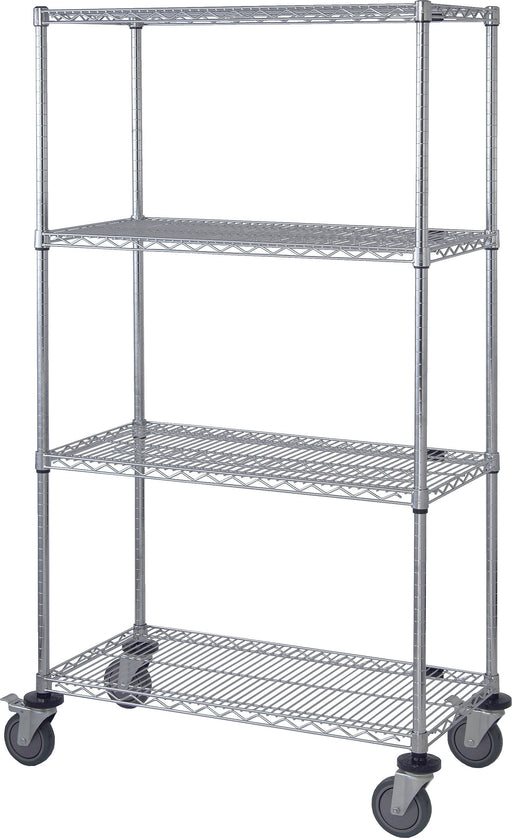 Quantum M1436C46-LH33C M Stem Caster Cart, 4 Wire Shelves, Inlay Mat, Label Holders, Chrome, NSF