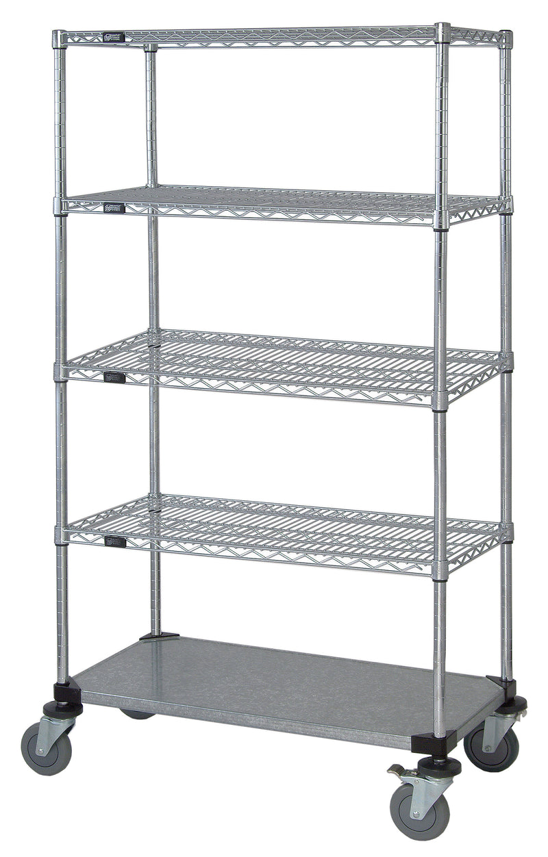 Quantum M1836CG46-5, 36"W x 18"D x 69"H M Stem Caster Cart, 4 Wire Shelves, 1 Solid Shelf, Chrome