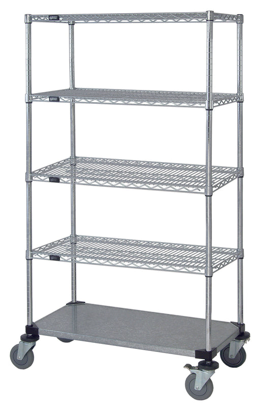 Quantum M2460CG46-5LH57C, 60"W x 24"D x 69"H M Stem Caster Cart, 4 Wire Shelves, 1 Solid Shelf, Label Holders, Chrome