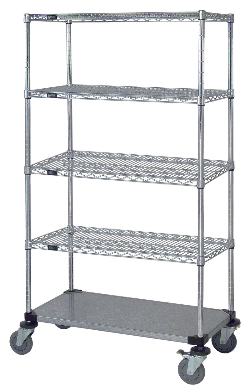 Quantum M1848CG46-5, 48"W x 18"D x 69"H M Stem Caster Cart, 4 Wire Shelves, 1 Solid Shelf, Chrome