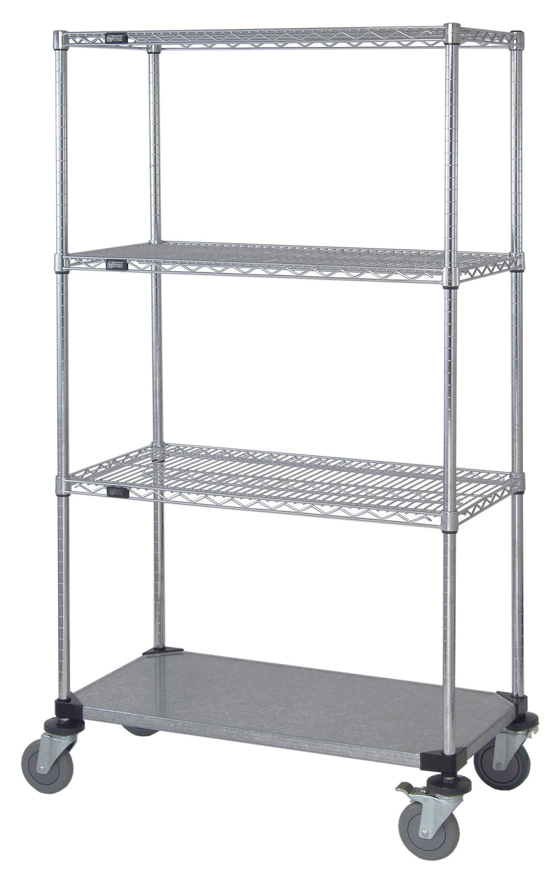 Quantum M1848CG46-LH45C, 48"W x 18"D x 69"H M Stem Caster Cart, 3 Wire Shelves, 1 Solid Shelf, Label Holders, Chrome