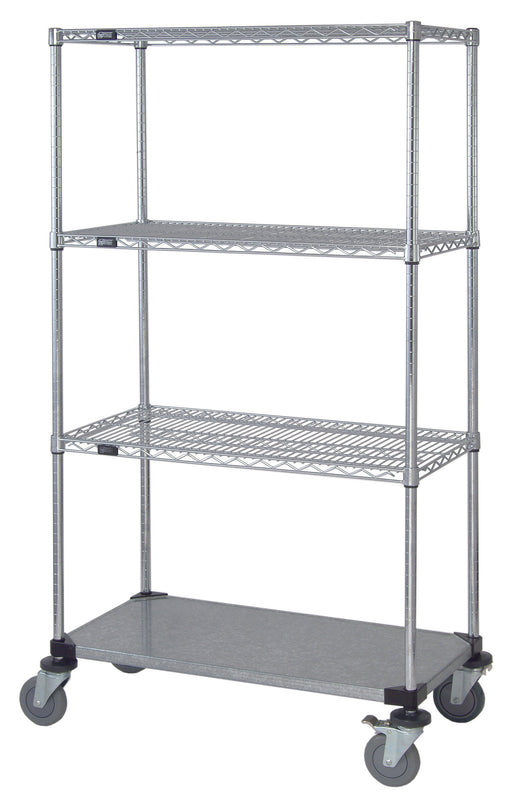 Quantum M1848CG46, 48"W x 18"D x 69"H M Stem Caster Cart, 3 Wire Shelves, 1 Solid Shelf, Chrome