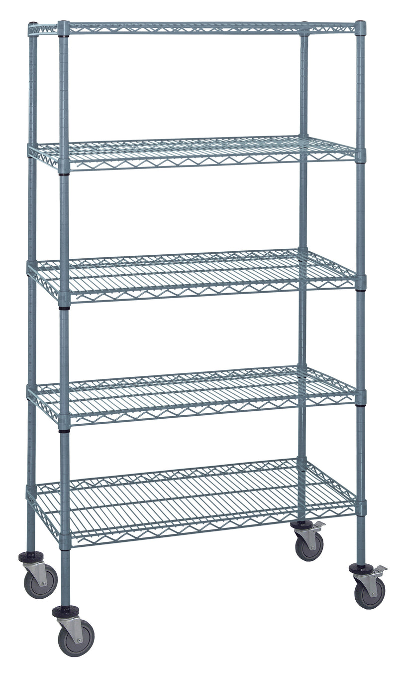 Quantum M1860GY46-5LH57C, 60"W x 18"D x 69"H M Stem Caster Cart, 5 Wire Shelves, Inlay Mat, Label Holders, Gray Epoxy, NSF