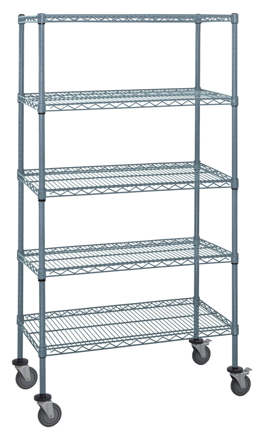 Quantum M1836GY46-5LH33C, 36"W x 18"D x 69"H M Stem Caster Cart, 5 Wire Shelves, Inlay Mat, Label Holders, Gray Epoxy, NSF
