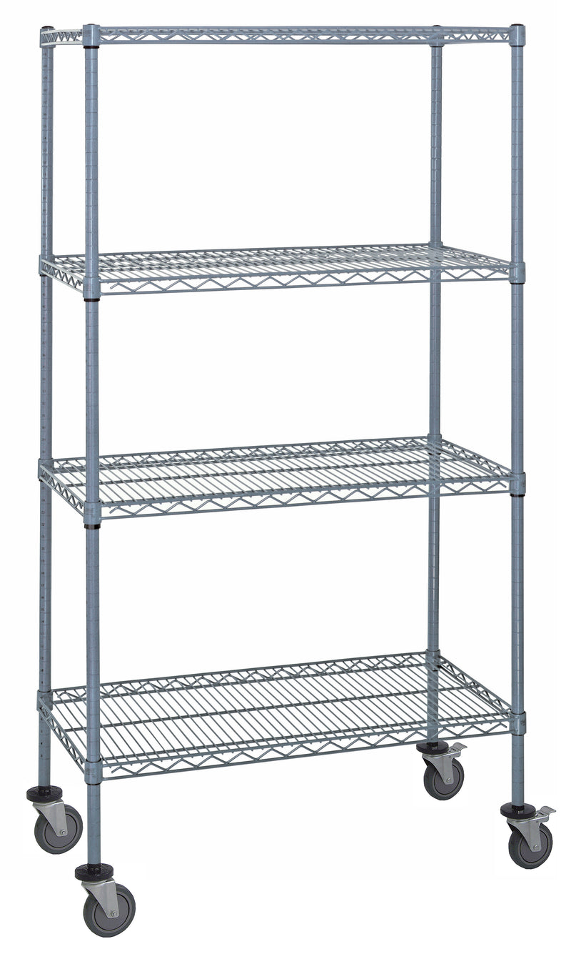Quantum M1836GY46-LH33C, 36"W x 18"D x 69"H M Stem Caster Cart, 4 Wire Shelves, Inlay Mat, Label Holders, Gray Epoxy, NSF