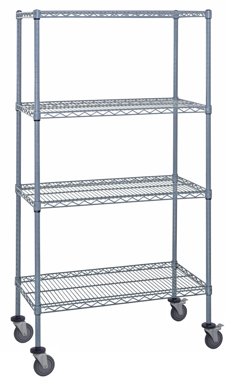 Quantum M1836GY46-LH33C M Stem Caster Cart, 4 Wire Shelves, Inlay Mat, Label Holders, Gray Epoxy, NSF