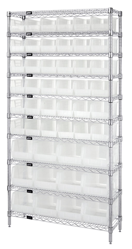 Quantum WR10-230240CL, 14"W 36"D 74"H Bin Wire Shelving System, Clear Bins, Chrome Plated Finish