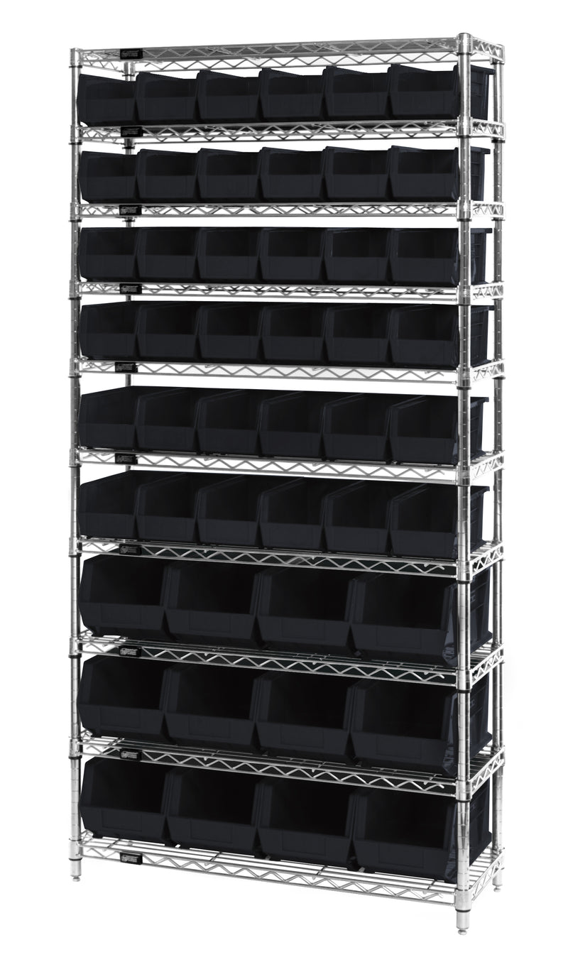Quantum WR10-230240BK, 14"W 36"D 74"H Bin Wire Shelving System, Black Bins, Chrome Plated Finish