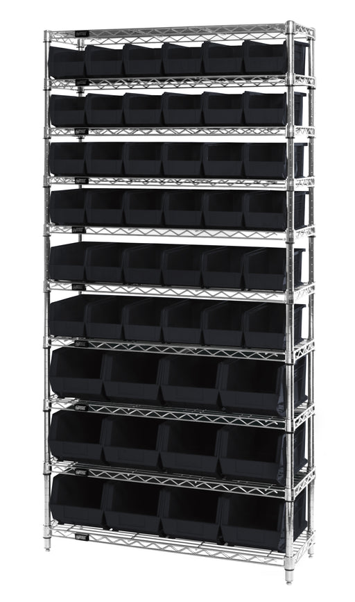 Quantum WR10-230240BK, 14"W 36"D 74"H Bin Wire Shelving System, Black Bins, Chrome Plated Finish