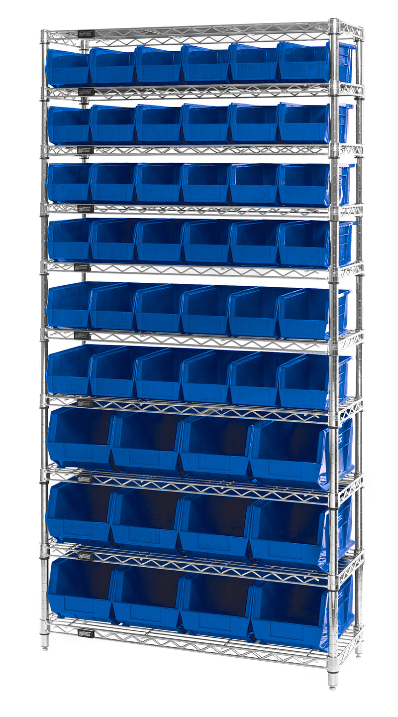 Quantum WR10-230240BL, 14"W 36"D 74"H Bin Wire Shelving System, Blue Bins, Chrome Plated Finish