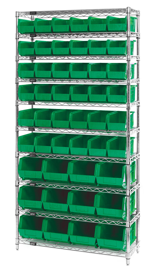 Quantum WR10-230240GN, 14"W 36"D 74"H Bin Wire Shelving System, Green Bins, Chrome Plated Finish