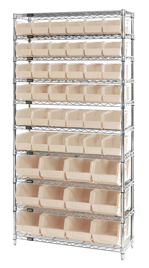 Quantum WR10-230240IV, 14"W 36"D 74"H Bin Wire Shelving System, Ivory Bins, Chrome Plated Finish
