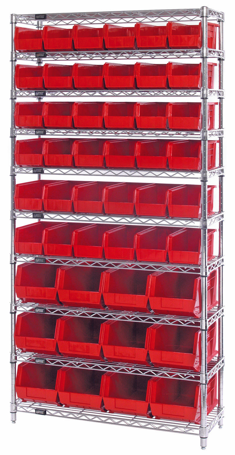Quantum WR10-230240RD, 14"W 36"D 74"H Bin Wire Shelving System, Red Bins, Chrome Plated Finish