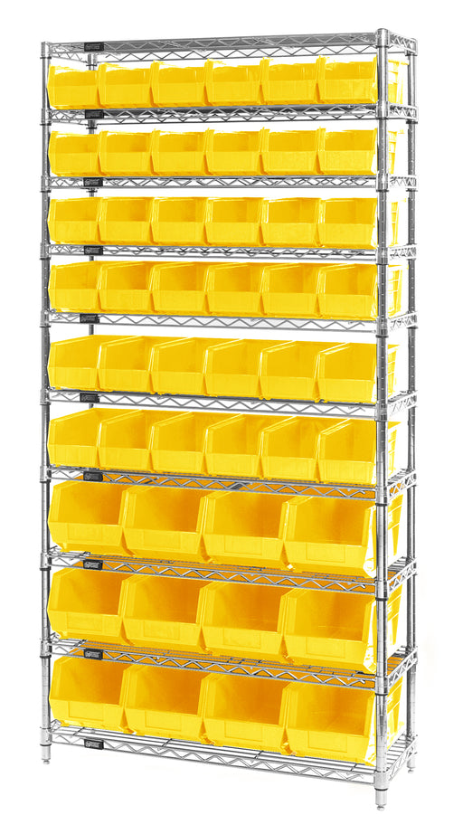 Quantum WR10-230240YL, 14"W 36"D 74"H Bin Wire Shelving System, Yellow Bins, Chrome Plated Finish