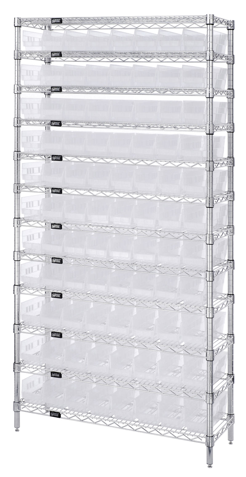 Quantum WR12-101CL, 12"W 36"D 74"H Bin Wire Shelving System, Clear Bins, Chrome Plated Finish