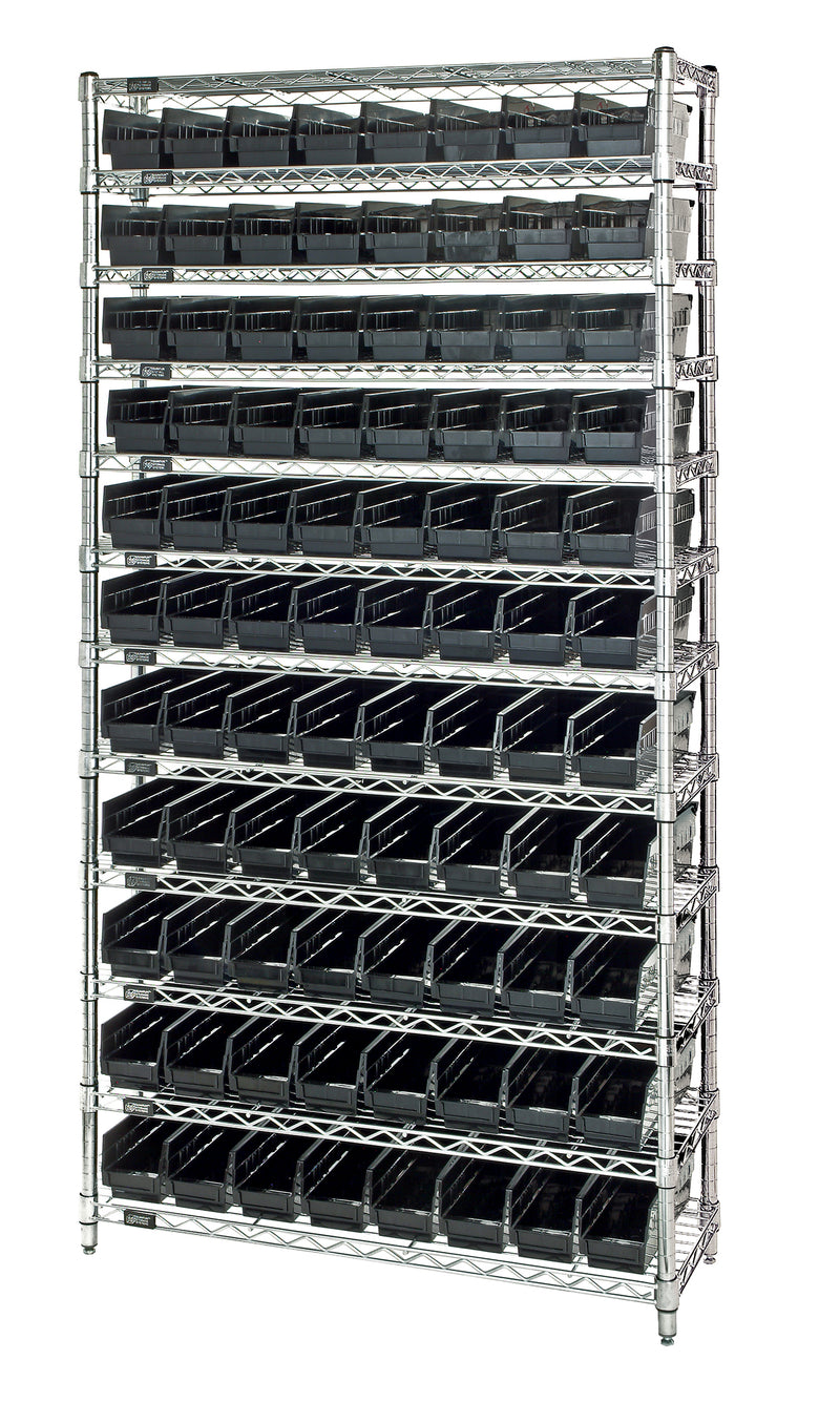 Quantum WR12-101CO, 12"W 36"D 74"H Bin Wire Shelving System, Chrome Bins, Chrome Plated Finish