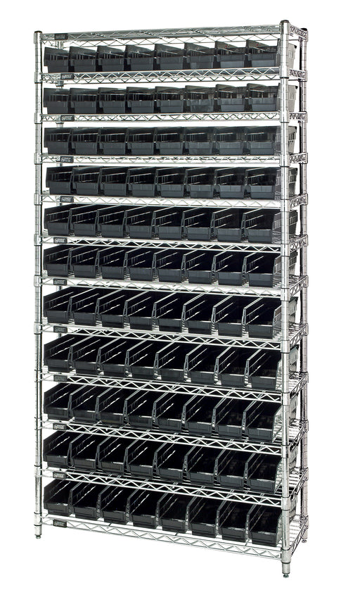 Quantum WR12-101CO, 12"W 36"D 74"H Bin Wire Shelving System, Chrome Bins, Chrome Plated Finish