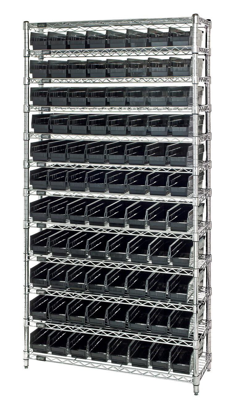 Quantum WR12-101BK, 12"W 36"D 74"H Bin Wire Shelving System, Black Bins, Chrome Plated Finish