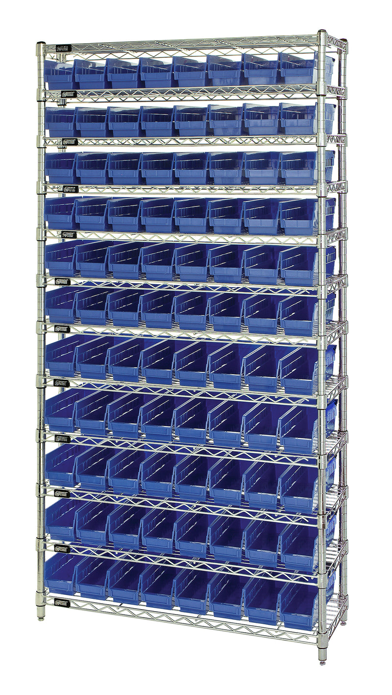Quantum WR12-101BL, 12"W 36"D 74"H Bin Wire Shelving System, Blue Bins, Chrome Plated Finish