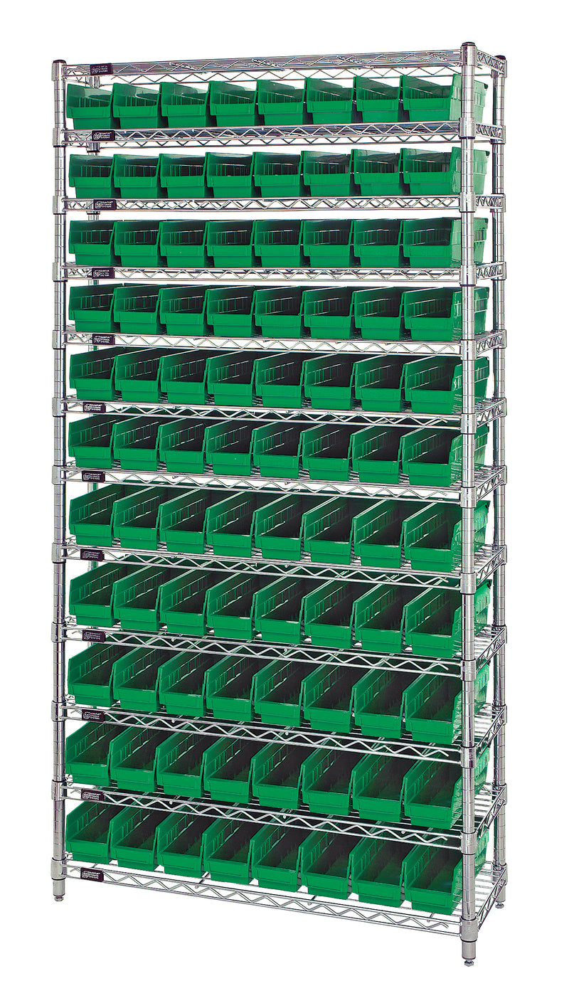 Quantum WR12-101GN, 12"W 36"D 74"H Bin Wire Shelving System, Green Bins, Chrome Plated Finish