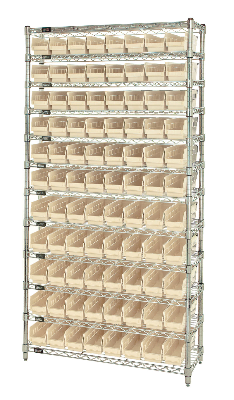 Quantum WR12-101IV, 12"W 36"D 74"H Bin Wire Shelving System, Ivory Bins, Chrome Plated Finish