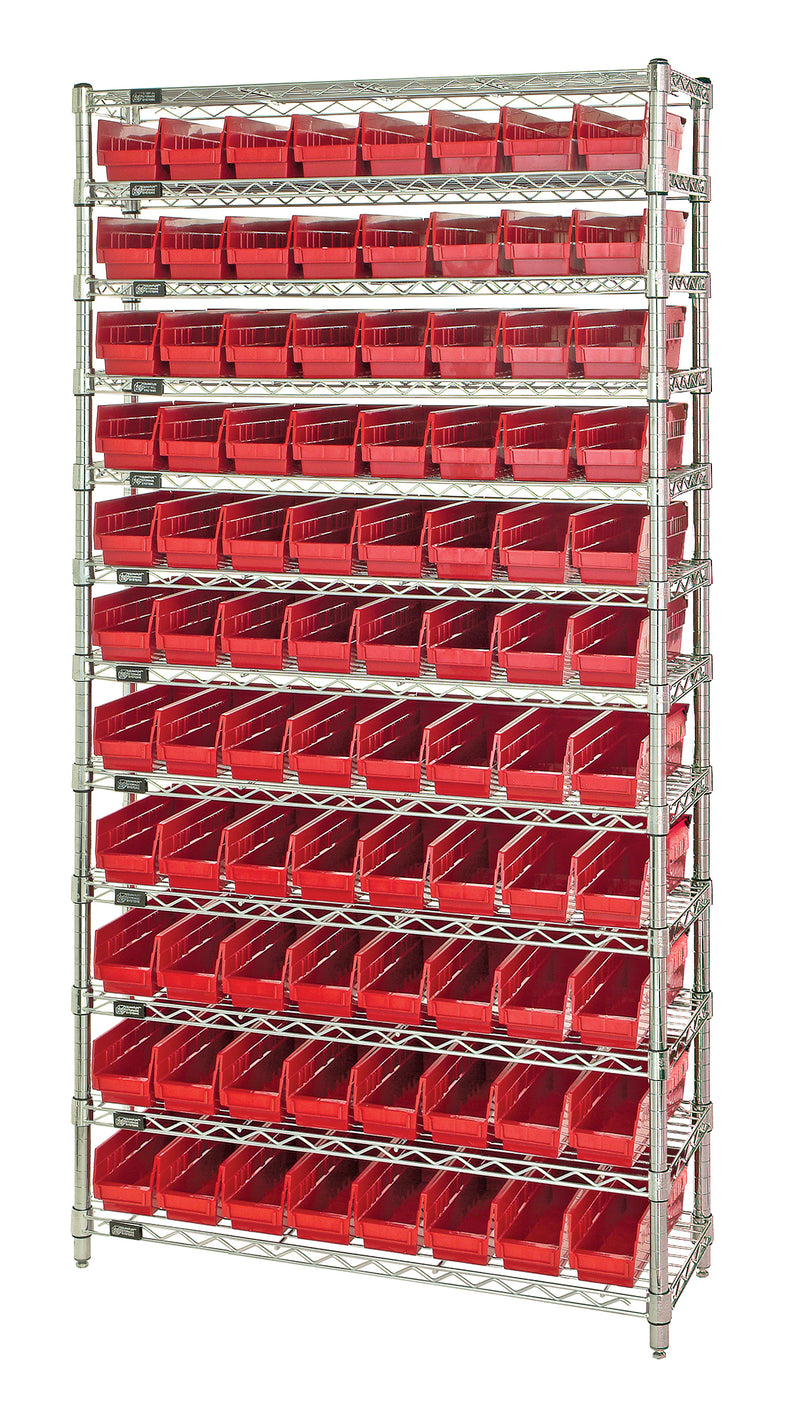 Quantum WR12-101RD, 12"W 36"D 74"H Bin Wire Shelving System, Red Bins, Chrome Plated Finish