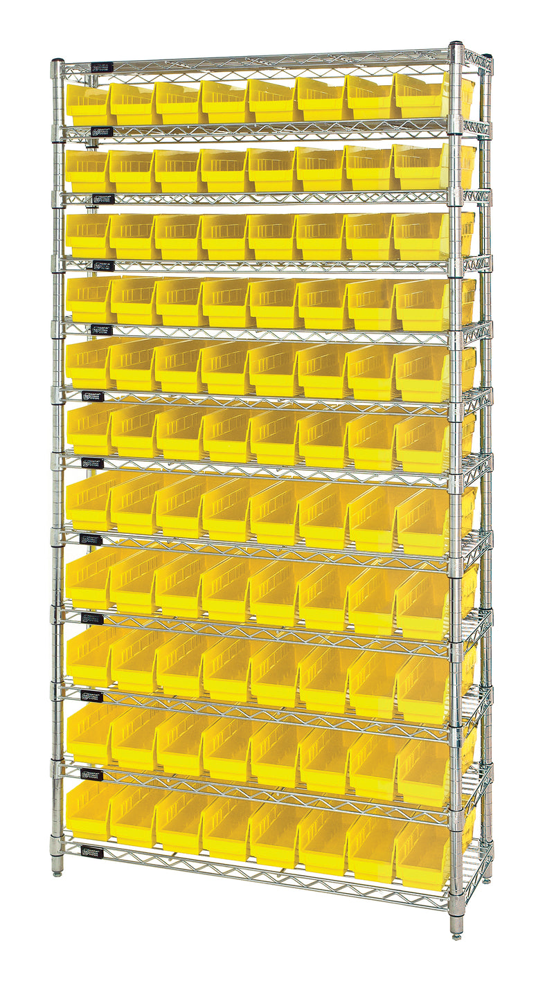 Quantum WR12-101YL, 12"W 36"D 74"H Bin Wire Shelving System, Yellow Bins, Chrome Plated Finish