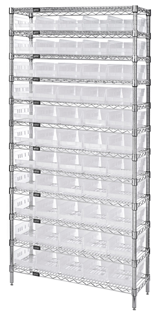 Quantum WR12-102CL, 12"W 36"D 74"H Bin Wire Shelving System, Clear Bins, Chrome Plated Finish